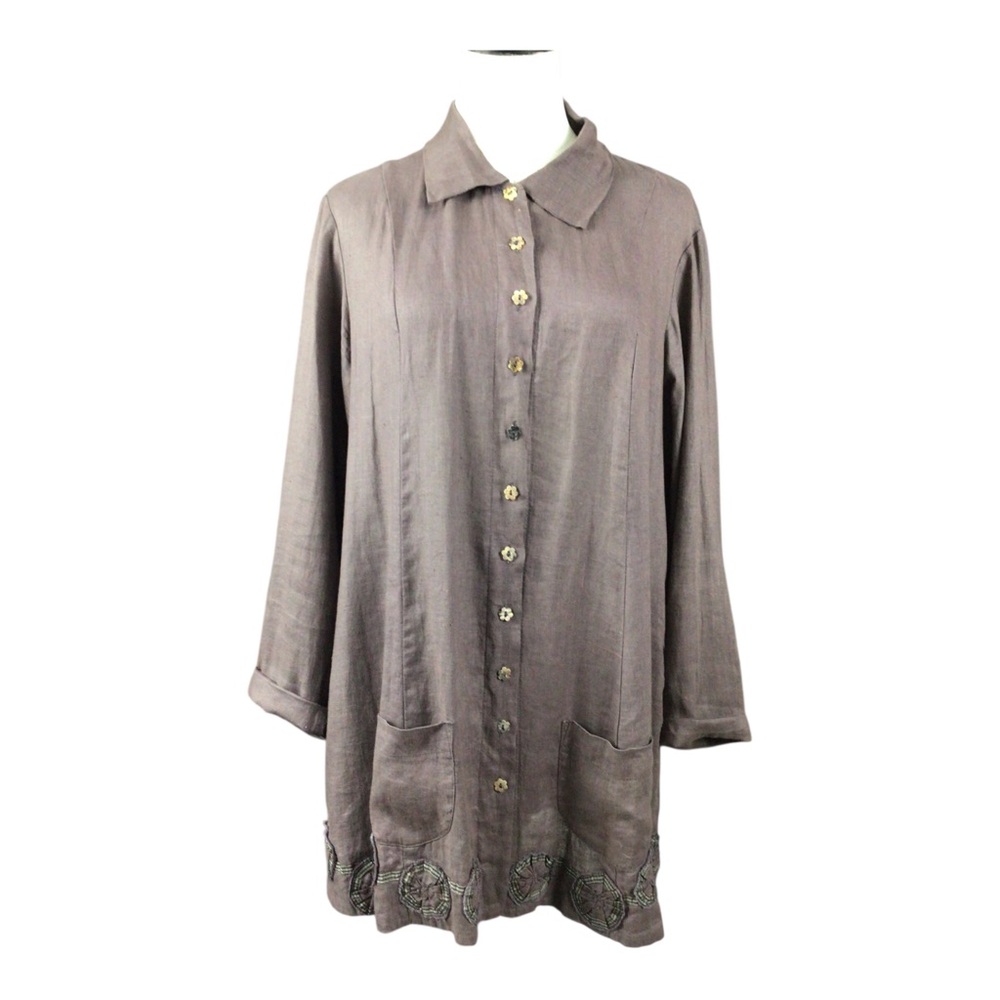 Amy Riggs 100% Linen Taupe Button Front Women's Tunic Top Yellow Label Med